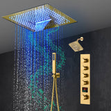 16-Inch Brushed Gold or brushed nickel or matte black Flush Mount rainfall waterfall Shower Faucet Set: 4-Way Thermostatic Control, 64-Color LED Lights, Bluetooth Music, and Regular Head