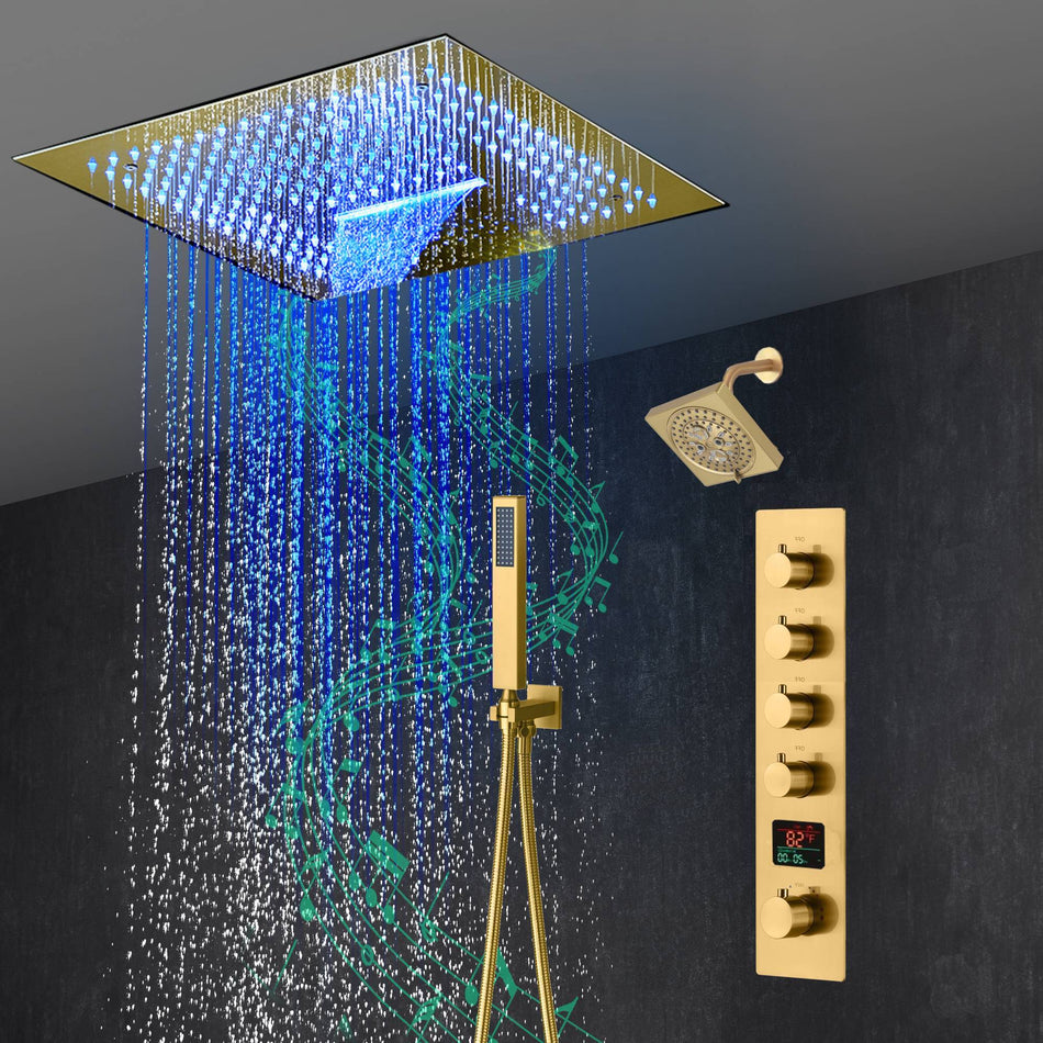 16-Inch Brushed Gold or brushed nickel or matte black Flush Mount rainfall waterfall Shower Faucet Set: 4-Way Thermostatic Control, 64-Color LED Lights, Bluetooth Music, and Regular Head