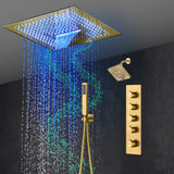16-Inch Brushed Gold or brushed nickel or matte black Flush Mount rainfall waterfall Shower Faucet Set: 4-Way Thermostatic Control, 64-Color LED Lights, Bluetooth Music, and Regular Head