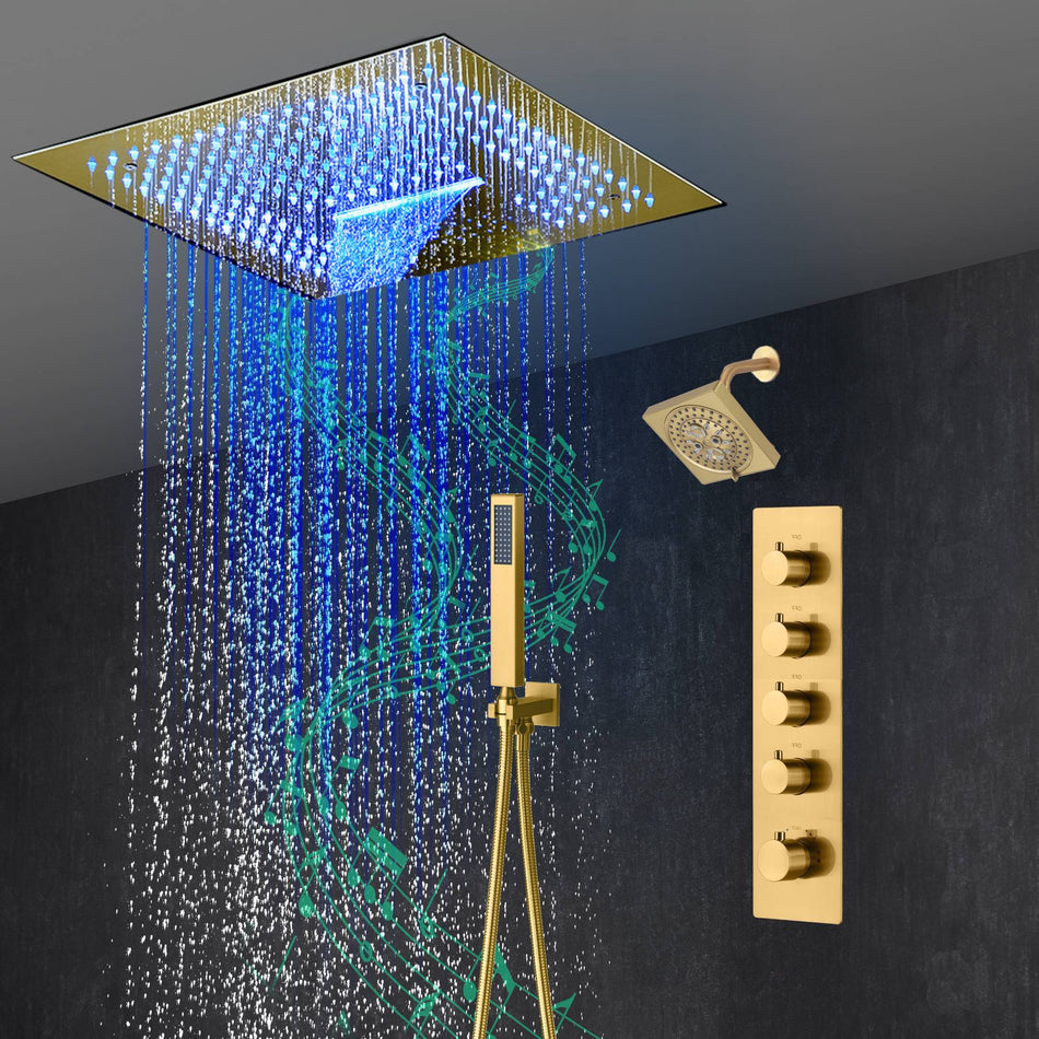 16-Inch Brushed Gold or brushed nickel or matte black Flush Mount rainfall waterfall Shower Faucet Set: 4-Way Thermostatic Control, 64-Color LED Lights, Bluetooth Music, and Regular Head