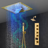 16-Inch Brushed Gold or brushed nickel or matte black Flush Mount rainfall waterfall Shower Faucet Set: 4-Way Thermostatic Control, 64-Color LED Lights, Bluetooth Music, and Regular Head
