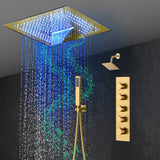 16-Inch Brushed Gold or brushed nickel or matte black Flush Mount rainfall waterfall Shower Faucet Set: 4-Way Thermostatic Control, 64-Color LED Lights, Bluetooth Music, and Regular Head
