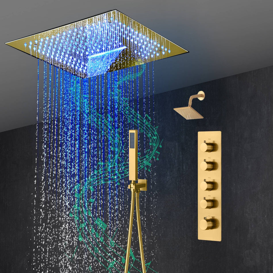 16-Inch Brushed Gold or brushed nickel or matte black Flush Mount rainfall waterfall Shower Faucet Set: 4-Way Thermostatic Control, 64-Color LED Lights, Bluetooth Music, and Regular Head
