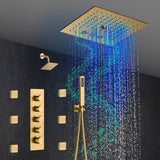12-Inch Brushed Gold Flush Mount Shower Faucet Set: 4-Way Thermostatic Control, 64-Color LED Lights, Bluetooth Music, and Regular Head and body jets