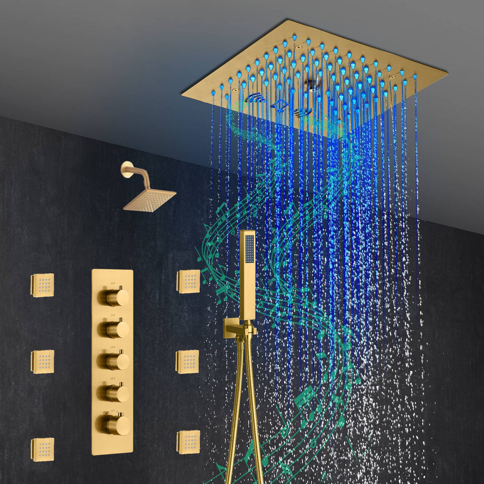 12-Inch Brushed Gold Flush Mount Shower Faucet Set: 4-Way Thermostatic Control, 64-Color LED Lights, Bluetooth Music, and Regular Head and body jets