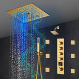 12-Inch Brushed Gold Flush Mount Shower Faucet Set: 4-Way Thermostatic Control, 64-Color LED Lights, Bluetooth Music, and Regular Head and body jets