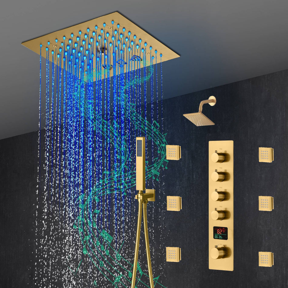 12-Inch Brushed Gold Flush Mount Shower Faucet Set: 4-Way Thermostatic Control, 64-Color LED Lights, Bluetooth Music, and Regular Head and body jets