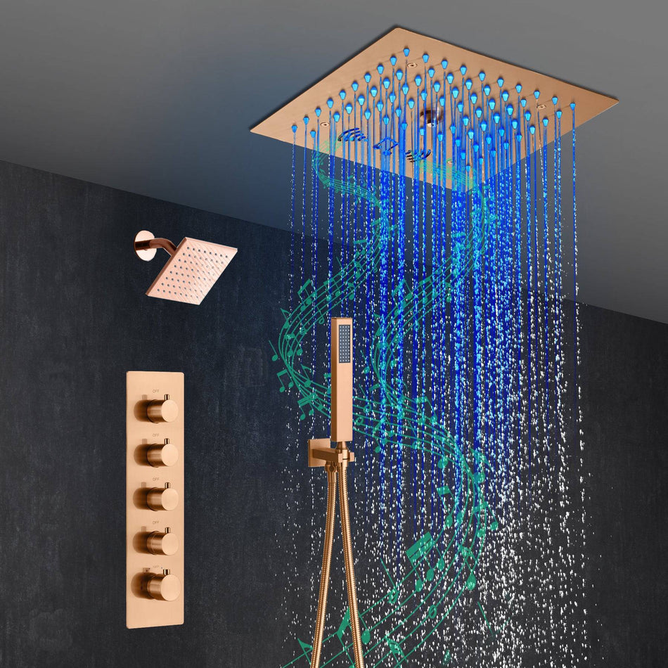 Flushed Mount Rainfall Mist 12-Inch 64 LED Colors Light Rose Gold Bluetooth Music 4 Way Thermostatic Shower Faucet with Regular Head