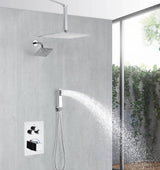 Chrome Ceiling Mounted 3-Way Thermostatic Shower Faucet with Wall Mount Regular Shower Head and 6-Inch Wall Mount Rainfall Shower Head