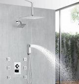 Chrome 4-Way Thermostatic Shower Faucet with 6'' Regular Head, 12'' or 16'' Rainfall Head, Body Jets, Optional LED Light