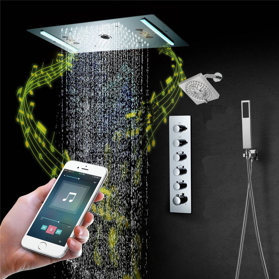 64 LED colors music led flushed in 24x12 inch 3 functions shower head 5 way thermostatic shower faucet with 6'' regular head 4 finish colors options