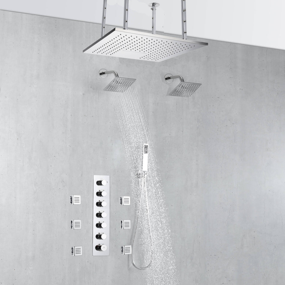 20-Inch Ceiling-Mounted Chrome Thermostatic 6-Way Shower System: Rainfall, Waterfall, Body Jets, Dual Regular Heads, and Handheld Wand