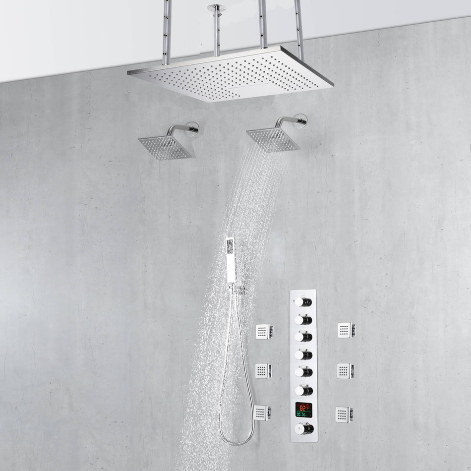 20-Inch Ceiling-Mounted Chrome Thermostatic 6-Way Shower System: Rainfall, Waterfall, Body Jets, Dual Regular Heads, and Handheld Wand