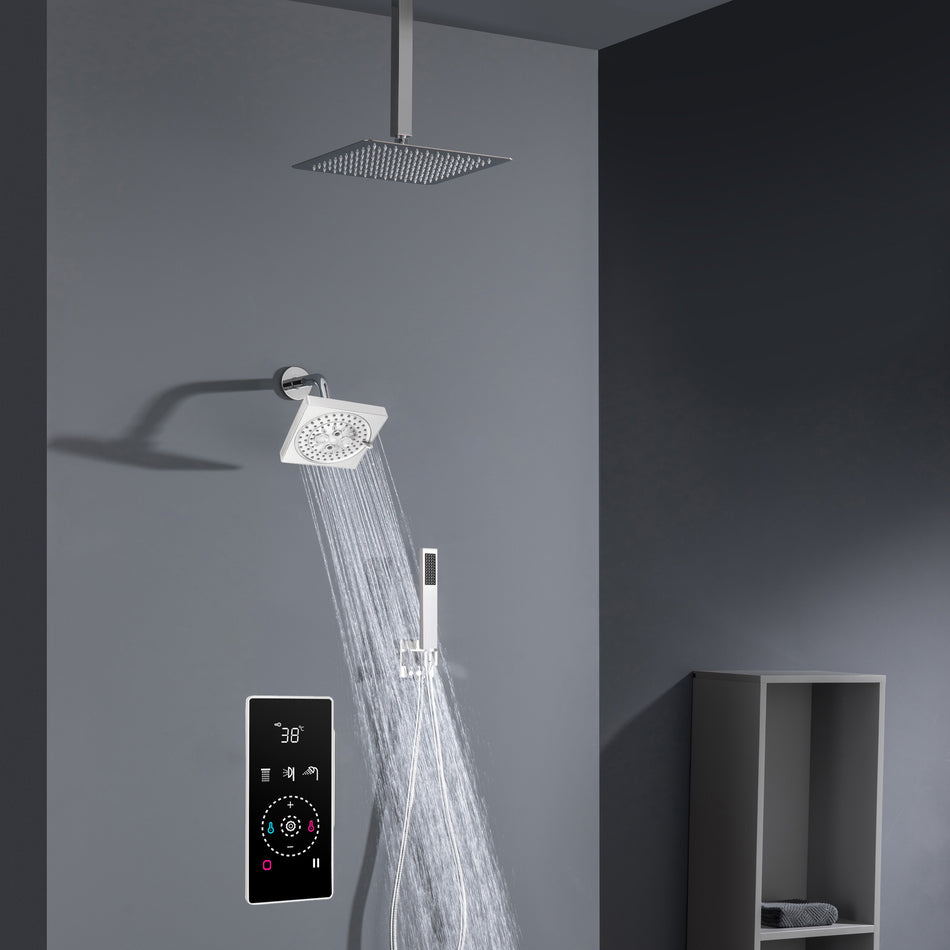 3 Way Thermal Digital Touchscreen Shower Faucet with regular head and rainfall head,Handle Shower
