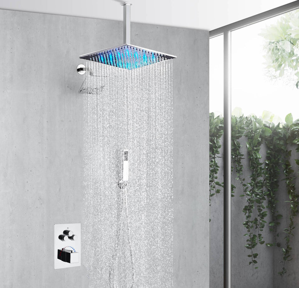 Chrome Ceiling Mounted 3-Way Thermostatic Shower Faucet with Wall Mount Regular Shower Head and 6-Inch Wall Mount Rainfall Shower Head