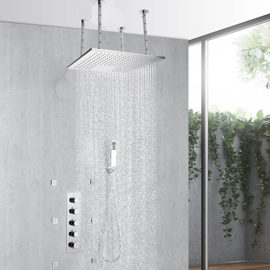 20inch chrome ceiling mount rainfall waterfall shower systems 4 way thermostatic valve with 6 body jets