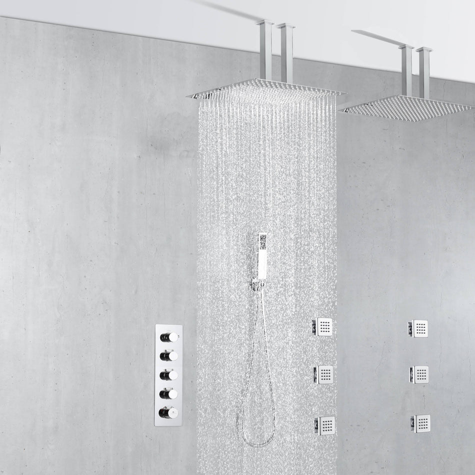 Dual 20 inch chrome ceiling mount rainfall shower systems 4 way thermostatic valve with 6 body jets