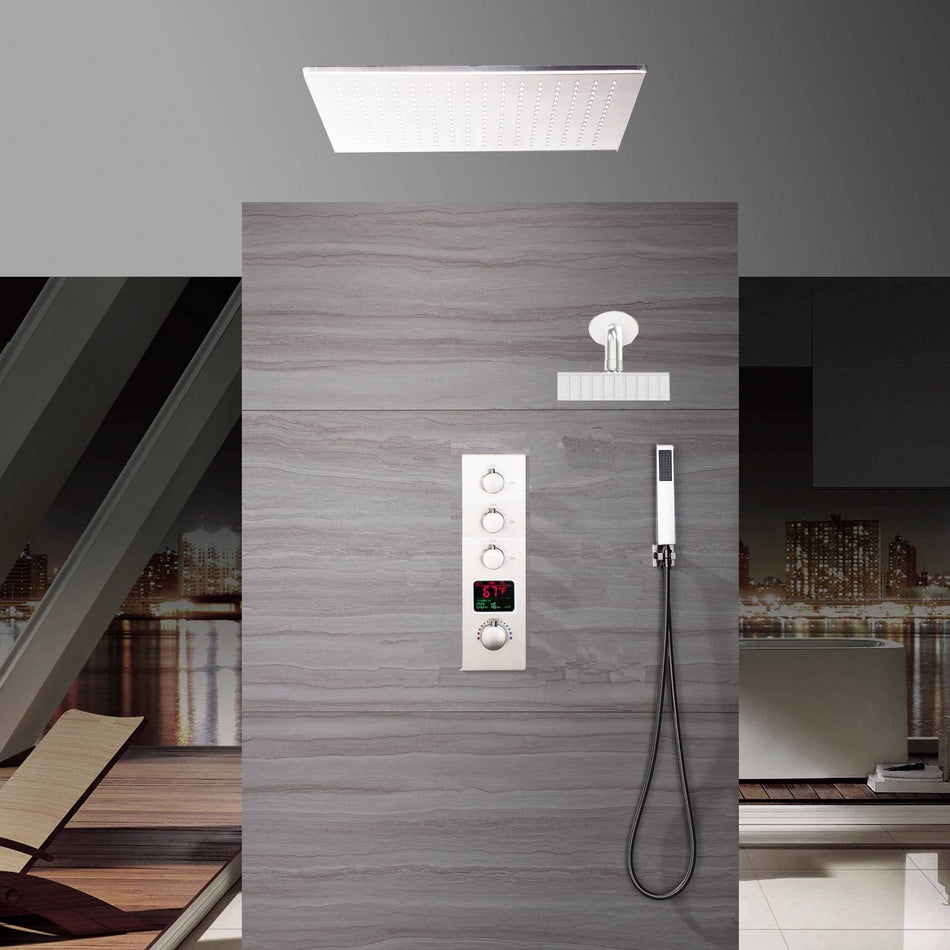 Chrome ceiling mount 20 inch or 24 inch rainfall shower head system 3 way thermostatic shower faucet with wall mount 6 inch high water pressure regular shower head