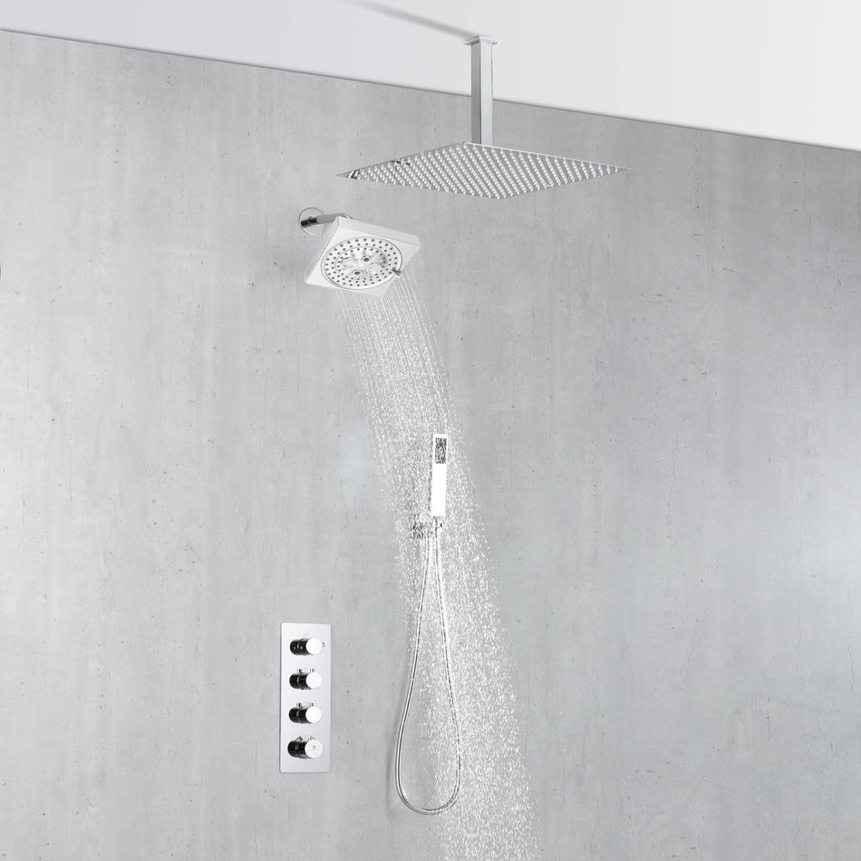 Chrome wall mount regular shower head 6inch ceiling mount LED light rainfall shower head 3 way thermostatic shower faucet each function work all together and separately