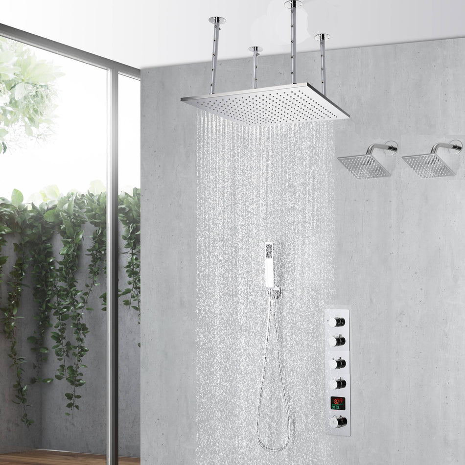 20inch chrome ceiling mount rainfall shower systems 4 way thermostatic valve with Dual Regular head
