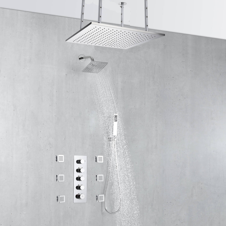 20 inch or 24 inch ceiling mounted LED Chrome 4 way thermostatic shower system with body jets and regular head