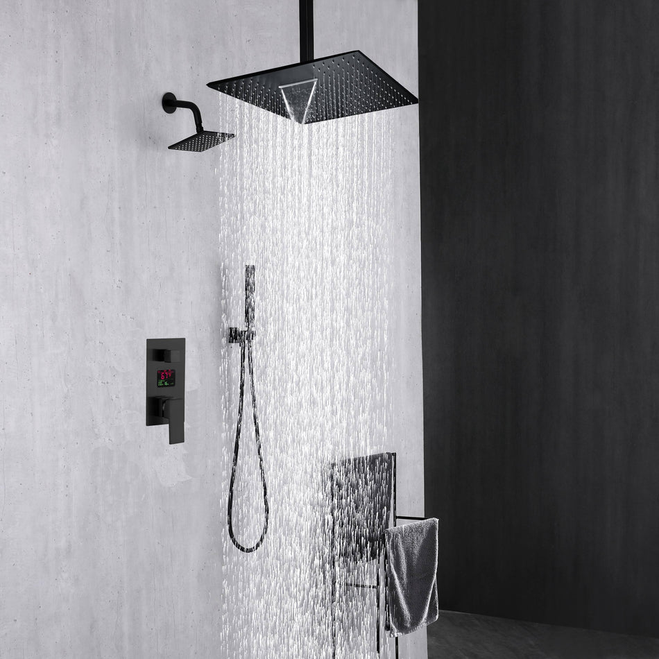 matte black ceiling mount 12 inch or 16 inch rainfall shower head 3 way digital regular rough in valve shower system with wall mount 6 inch high water pressure brass shower head