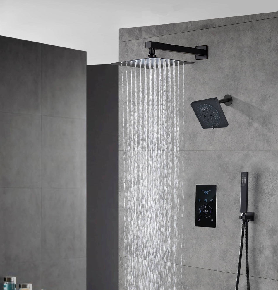 Matte Black Wall Mount 6" Regular Shower Head with 12" or 16" Rainfall Head, 3-Way Touch-screen Thermostatic System
