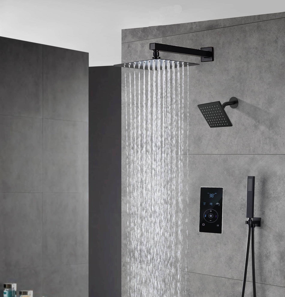 Matte Black Wall Mount 6" Regular Shower Head with 12" or 16" Rainfall Head, 3-Way Touch-screen Thermostatic System