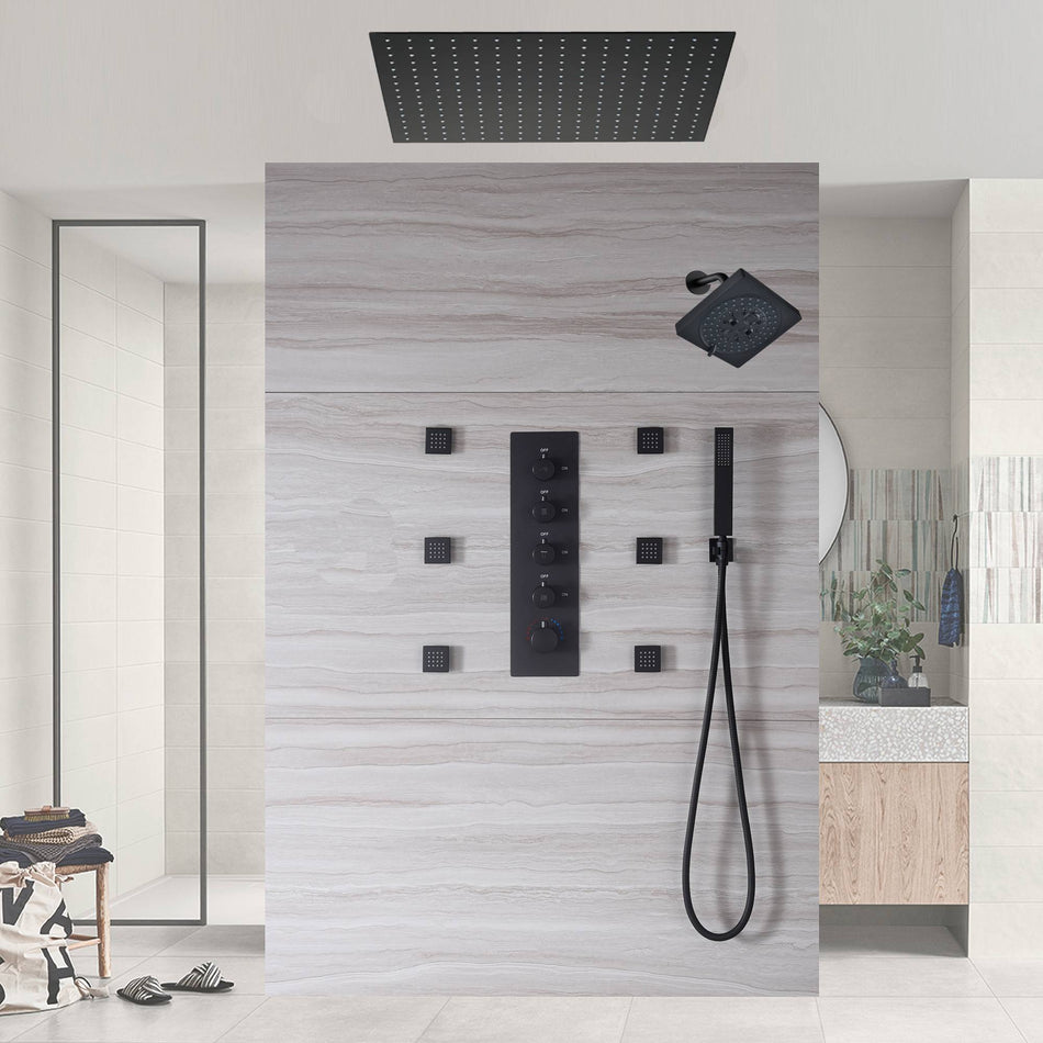Matte Black 24" or 20" Rainfall Shower System with 4-Way Thermostatic Valve and Body Jets