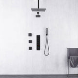 Matte Black ceiling mount 12 inch or 16 inch rainfall shower head wall mount 6 inch high water pressure regular shower head 4 way thermostatic shower faucet with 4 inch body jets