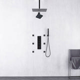 Matte Black ceiling mount 12 inch or 16 inch rainfall shower head wall mount 6 inch high water pressure regular shower head 4 way thermostatic shower faucet with 2 inch body jets