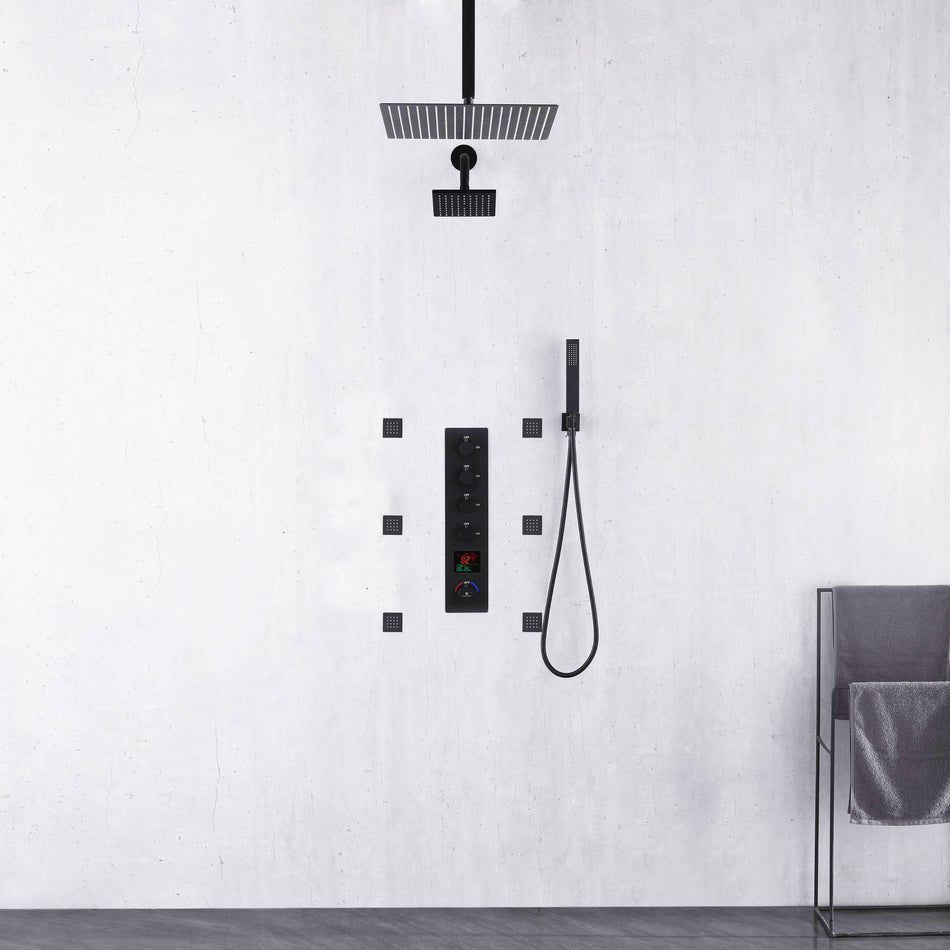 Matte Black ceiling mount 12 inch or 16 inch rainfall shower head wall mount 6 inch high water pressure regular shower head 4 way thermostatic shower faucet with 2 inch body jets