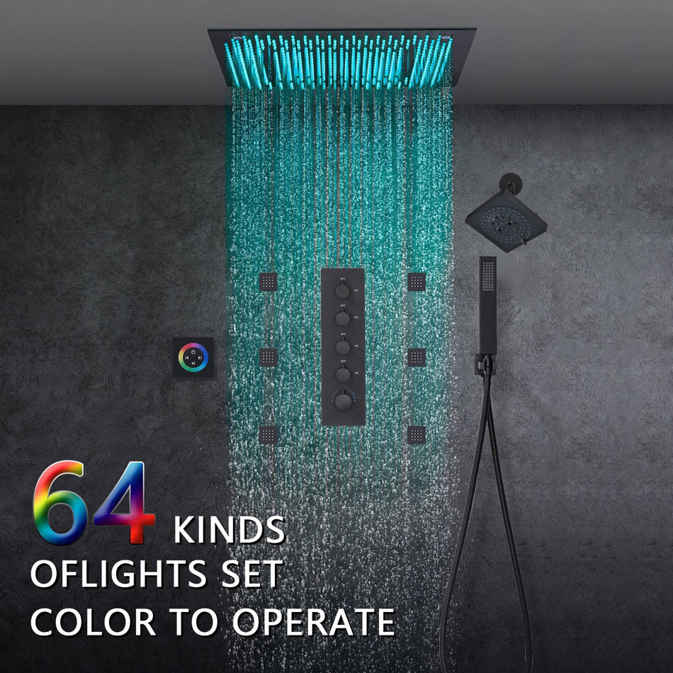 Matte Black 16 inch or 20-Inch Flush Mount Rainfall Shower System with ...