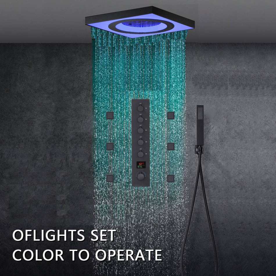 24" Flush Mount Rainfall Waterfall Shower System with LED, 5-Way Thermostatic Faucet, 6 Body Jets