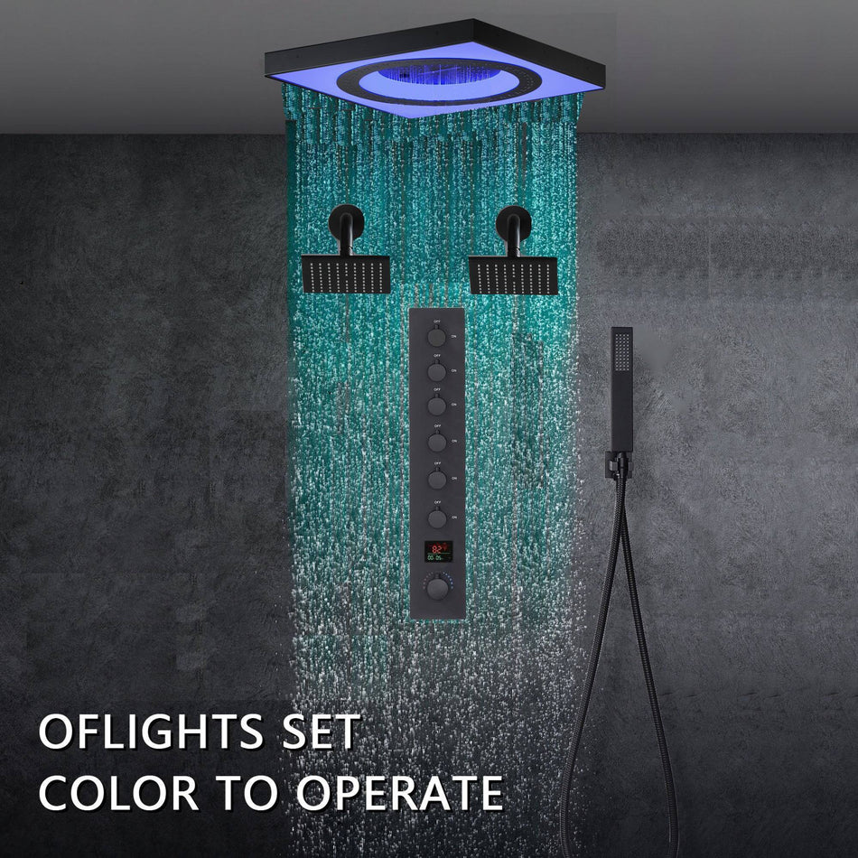 24" Flush Mount Rainfall Waterfall 6-Way Digital  Shower System with LED, Dual Regular Heads