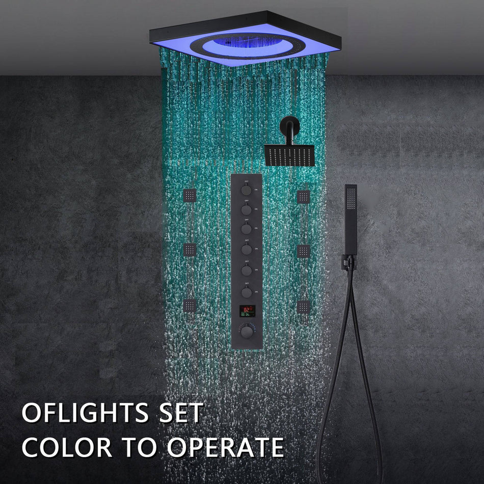 24" Flush LED Mount Rainfall Waterfall 6-Way Digital Shower System With Regular Head and 6 Body Jets