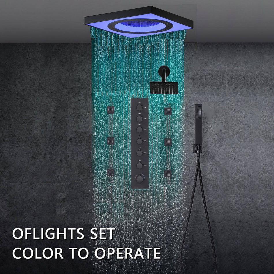 24" Flush LED Mount Rainfall Waterfall 6-Way Digital Shower System With Regular Head and 6 Body Jets