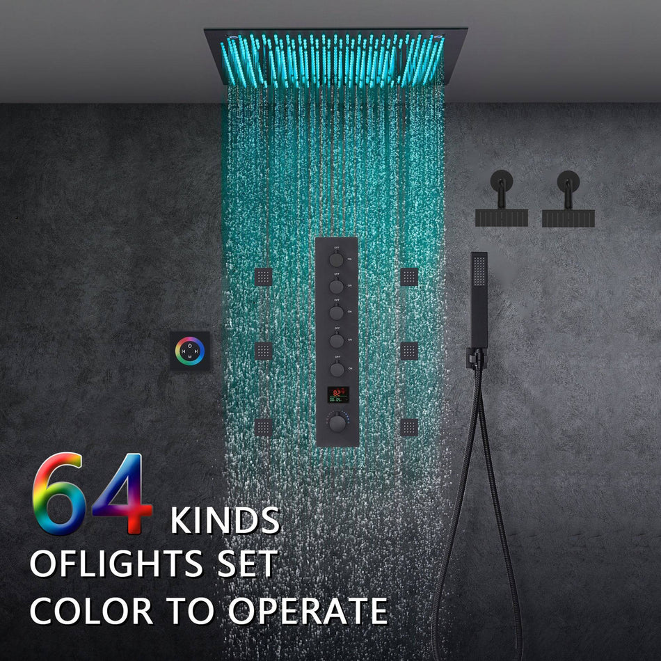 Matte Black 20" Rainfall Shower System with LED, 5-Way Thermostatic Valve, Dual Heads, 6 Jets