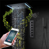 64 LED colors music led flushed in 24x12 inch 3 functions shower head 5 way thermostatic shower faucet with 6'' regular head 4 finish colors options