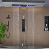 Flush Mount 48 x 8 inch Rainfall Waterfall 64 LED Light Shower Head with 5-Way Thermostatic Faucet and High-Pressure Wall Mount Regular Shower Head