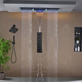 Flush Mount 48 x 8 inch Rainfall Waterfall 64 LED Light Shower Head with 5-Way Thermostatic Faucet and High-Pressure Wall Mount Regular Shower Head