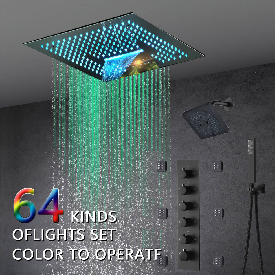 16-Inch Brushed Gold or brushed nickel or matte black Flush Mount rainfall waterfall Shower Faucet Set: 5-Way Thermostatic Control, 64-Color LED Lights, Bluetooth Music, and Regular Head, 6 Body jets