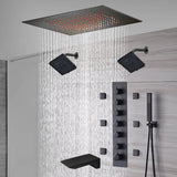 20-Inch Matte Black Flush Mount Rainfall Shower System: Complete with 6-Way Thermostatic Valve and 6 Body Jets and Dual Regular Heads and Tub Spout