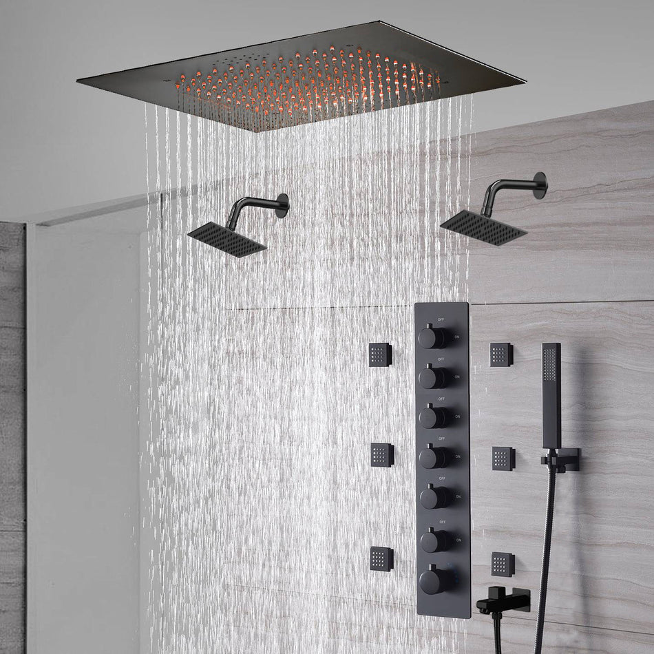 20-Inch or 24-Inch Matte Black Flush Mount Rainfall Shower System: Complete with 6-Way Thermostatic Valve and 6 Body Jets and Dual Regular Heads and Tub Spout