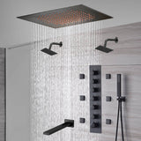 20-Inch Matte Black Flush Mount Rainfall Shower System: Complete with 6-Way Thermostatic Valve and 6 Body Jets and Dual Regular Heads and Tub Spout