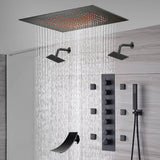 20-Inch Matte Black Flush Mount Rainfall Shower System: Complete with 6-Way Thermostatic Valve and 6 Body Jets and Dual Regular Heads and Tub Spout