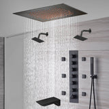 20-Inch Matte Black Flush Mount Rainfall Shower System: Complete with 6-Way Thermostatic Valve and 6 Body Jets and Dual Regular Heads and Tub Spout