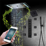 64 LED colors music led flushed in 24x12 inch 3 functions shower head 6 way thermostatic shower faucet with rotate-water massage body jets,4 finish colors options