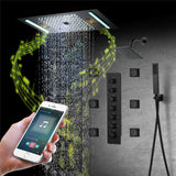 64 LED colors music led flushed in 24x12 inch 3 functions shower head 6 way thermostatic shower faucet with rotate-water massage body jets,4 finish colors options