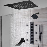 20-Inch or 24-Inch Matte Black Flush Mount Rainfall Waterfall Shower System: Complete with 6-Way Thermostatic Valve and 6 Body Jets and  Regular Head and Tub Spout
